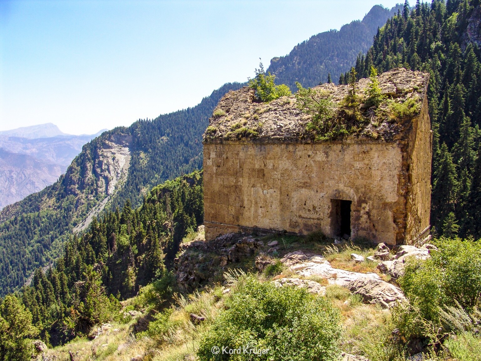 Eine steinerne Ruine steht an einem bewaldeten Berghang über einem tiefen Tal; Pflanzen besiedeln ihr altes Dach.