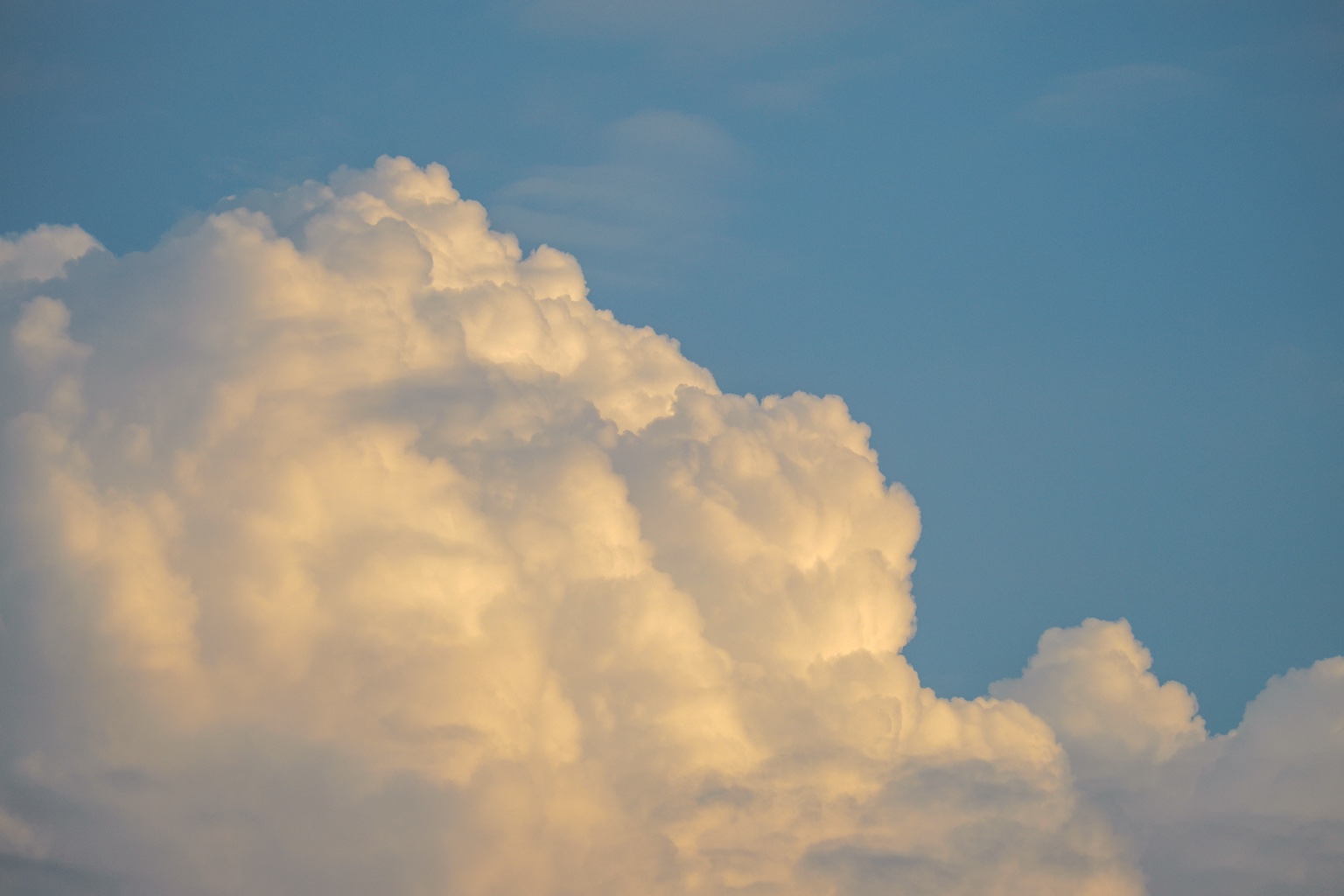 Große, weich modellierte Quellwolken leuchten in warmem Licht vor einem blauen Himmel.